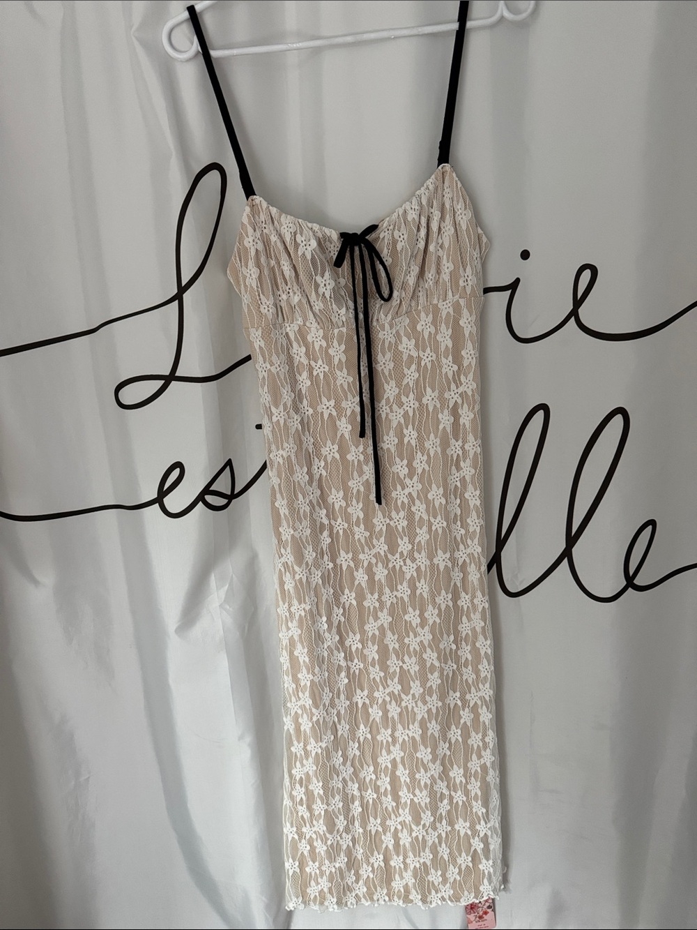 SHEIN Beige Lace Midi Slip Dress with Black Straps and Tie